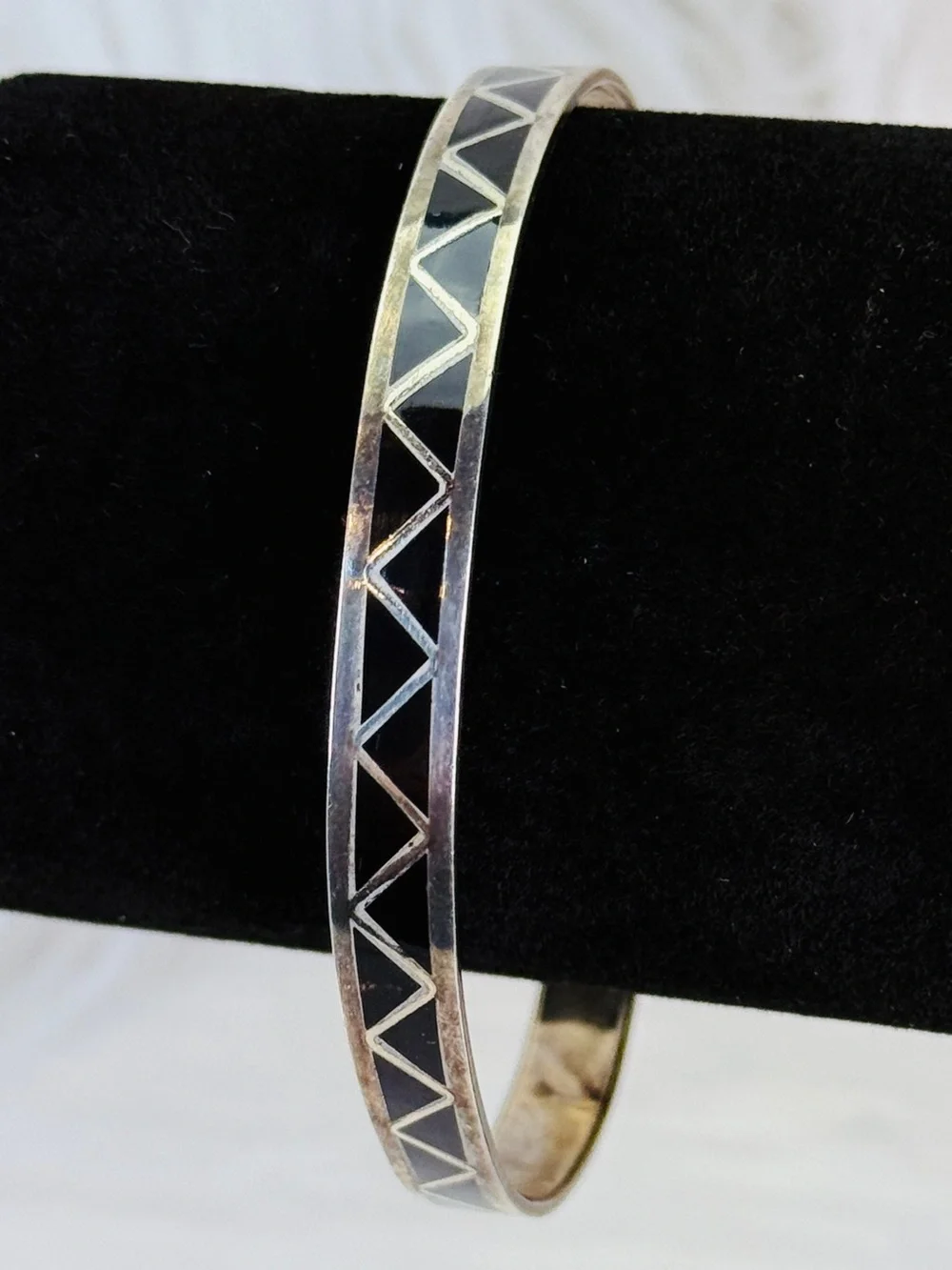 Vintage aged Silvertone and Black Geometric Bangle Bracelet